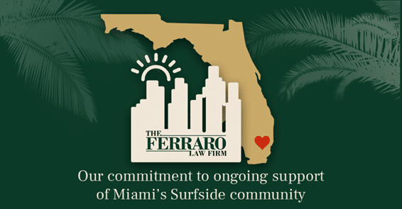 Graphic of Florida map with Ferraro Law logo and heart over Surfside, symbolizing community support after condo collapse.