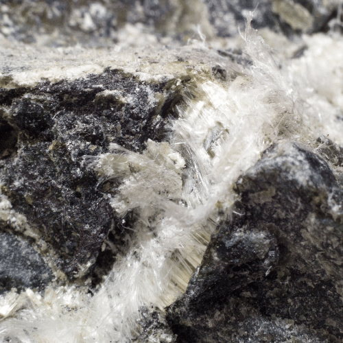 Close-up of raw asbestos mineral with visible white fibers, the primary cause of mesothelioma and other asbestos-related cancers.